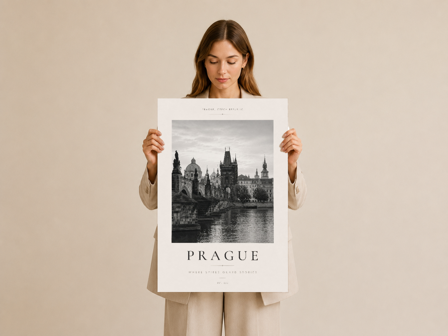 Pragaya şehir silüeti duvar tablosu, beyaz çerçeveli poster sanatı.
