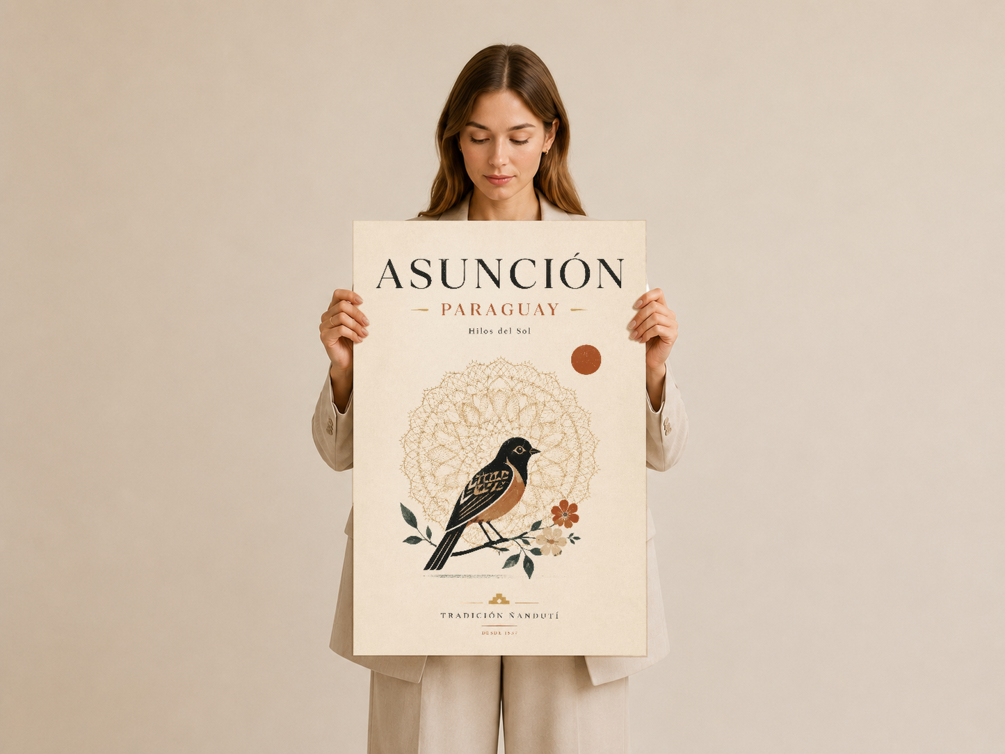 Asunción Paraguay kuş posteri, boyanın elinde tuttuğu bej ton sanat eseri.