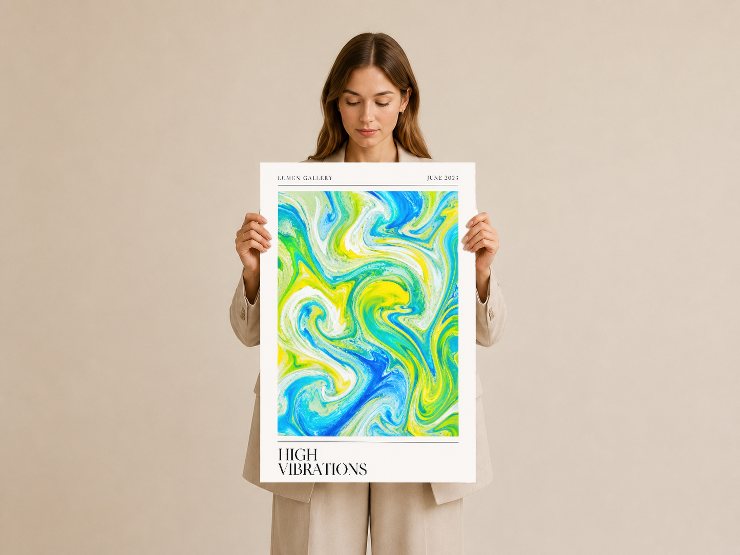 Canlı sıvı sanat motifli poster, sarı mavi yeşil renk harmoniyle tasarlanmış dekoratif baskı.