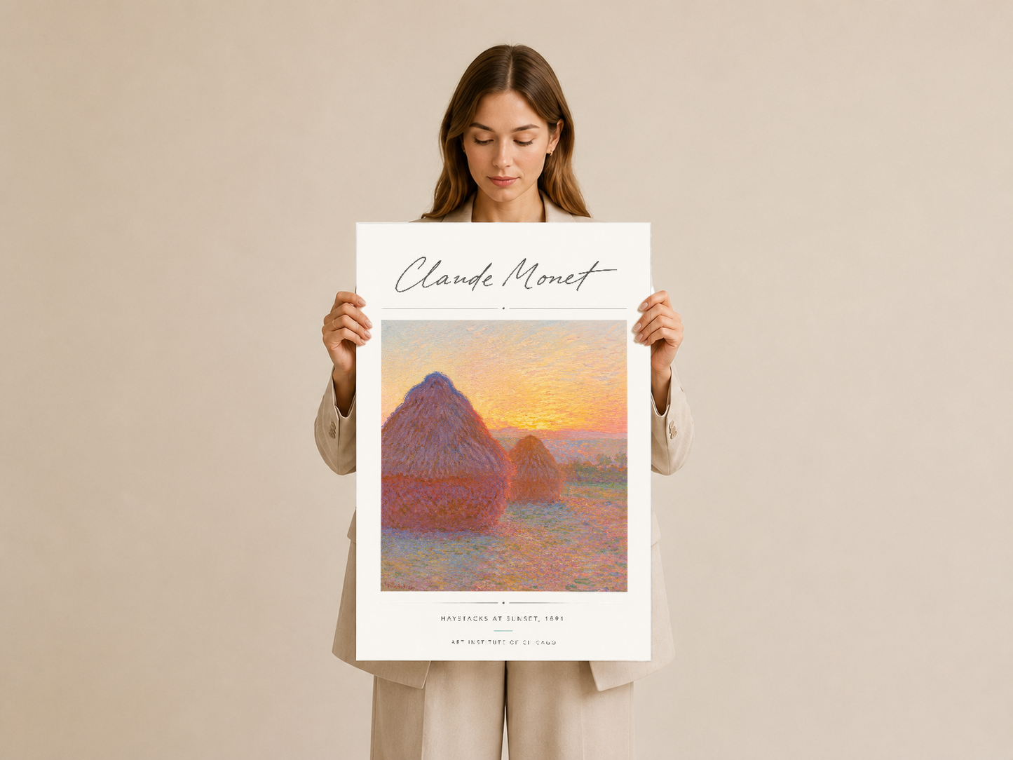 Monet'nin ikonu Samanlıklar sanat baskısı, zarif beyaz çerçevede sunuluyor.