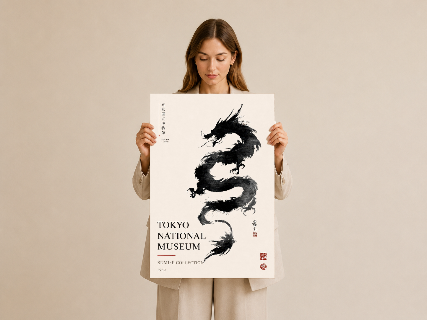 Asya sanatı klasiği, Tokyo müzesi koleksiyonundan inspirasyonlu ejderha figürü taşıyan duvar sanat baskısı.