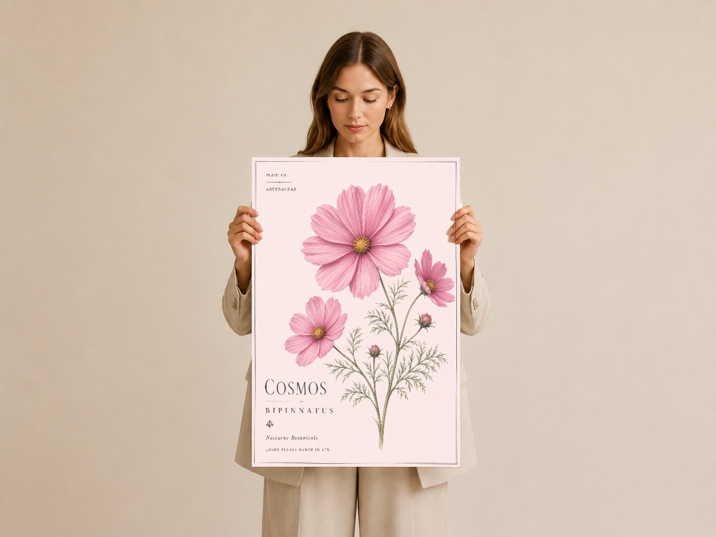 Vintage tarzı cosmos baskı, doğal ışık içinde taşınan, sanatsal botanik poster tasarımı gösteriliyor.
