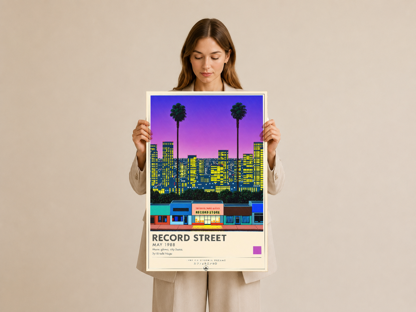 Mor-pembe gökyüzü ve renkli sokak vitrinlerini gösteren Record Street posteri, karakteristik sanat eserdir.