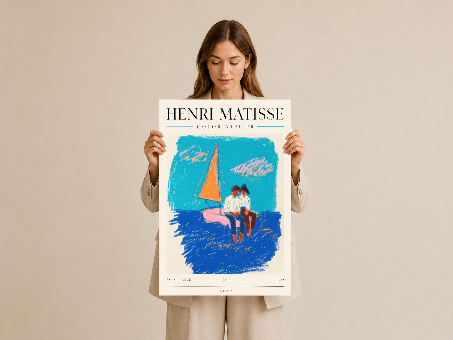 Matisse Color Atelier tablosu, canlı mavi ve turuncu renklerle oluşturulmuş seramik yelkenlibotu ve figür baskısı.