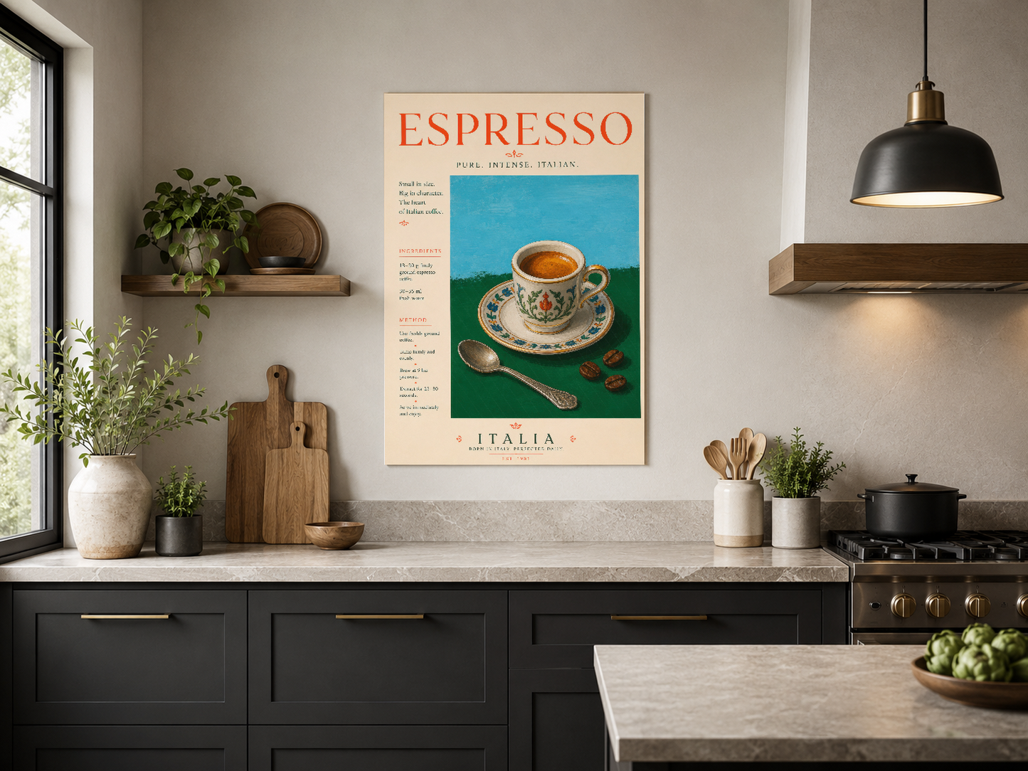 Espresso temasıyla modern mutfak dekorasyonuna zarif bir dokunuş katan bej çerçeveli sanat baskısı.