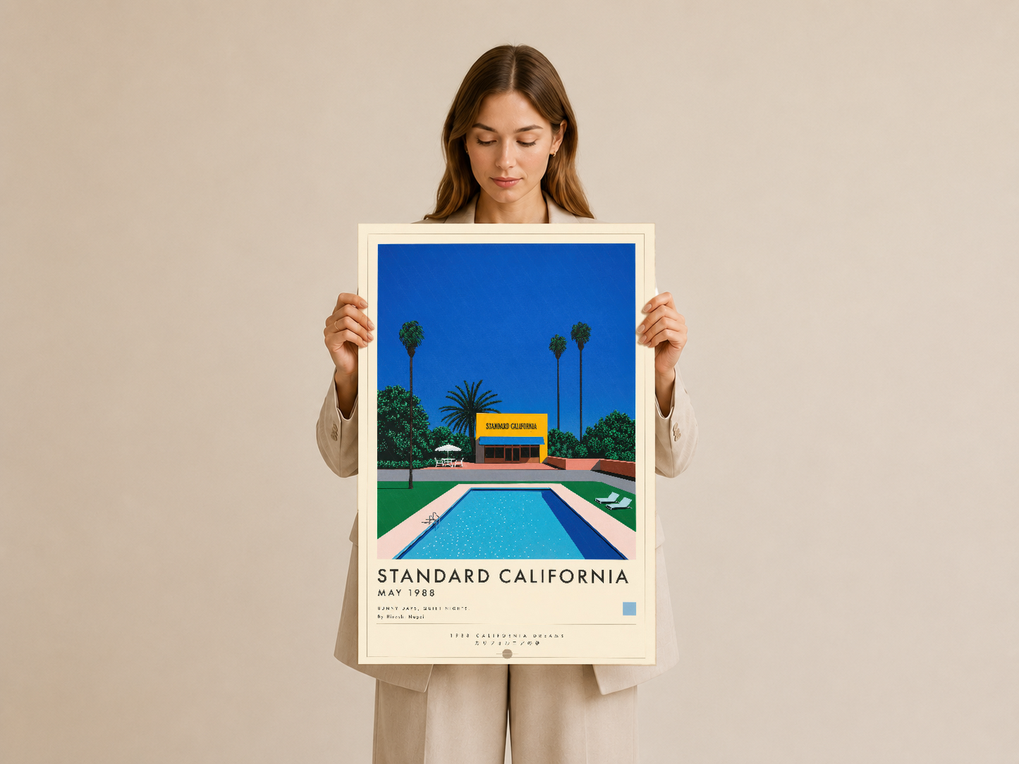 Retro California poster, canlı renkler ve geometrik tasarımı vurgulayan sanatsal baskı.