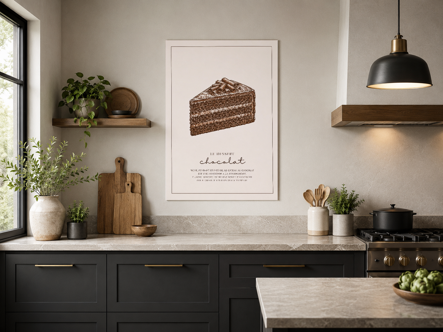 Siyah mutfak dolabı üstünde, sofistike çikolata dessert tablosu, endüstriyel lambaya eşlik ediyor.