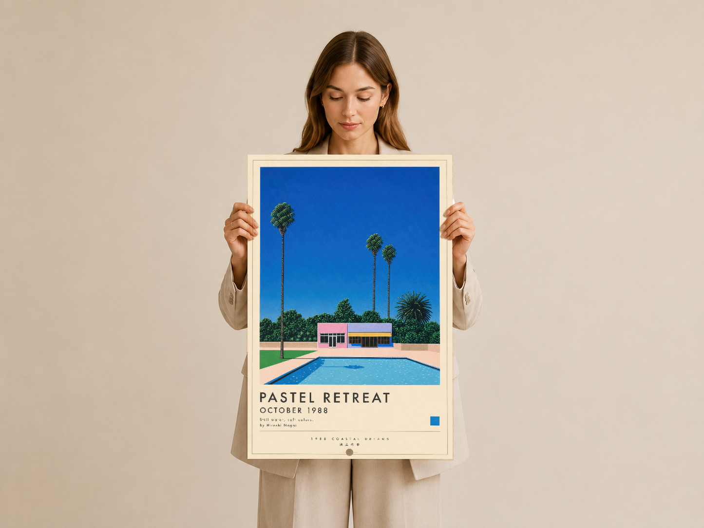 Pastel Retreat tablosu, canlı mavi tonlarıyla 1988 mimarisi ve yüzme havuzunun sakin güzelliğini sergiliyor.