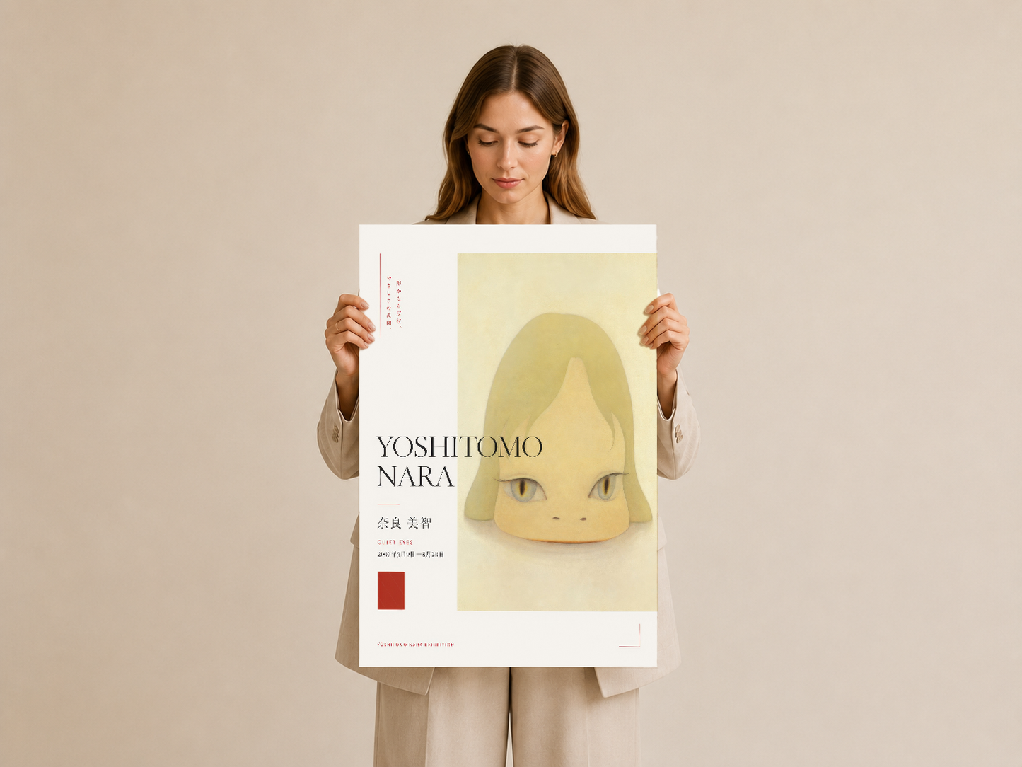 Yoshitomo Nara çalışması, kırık beyaz portre sanatı, Japon tipografi ve kırmızı renk bloğu içeren konsept galeri posteri.
