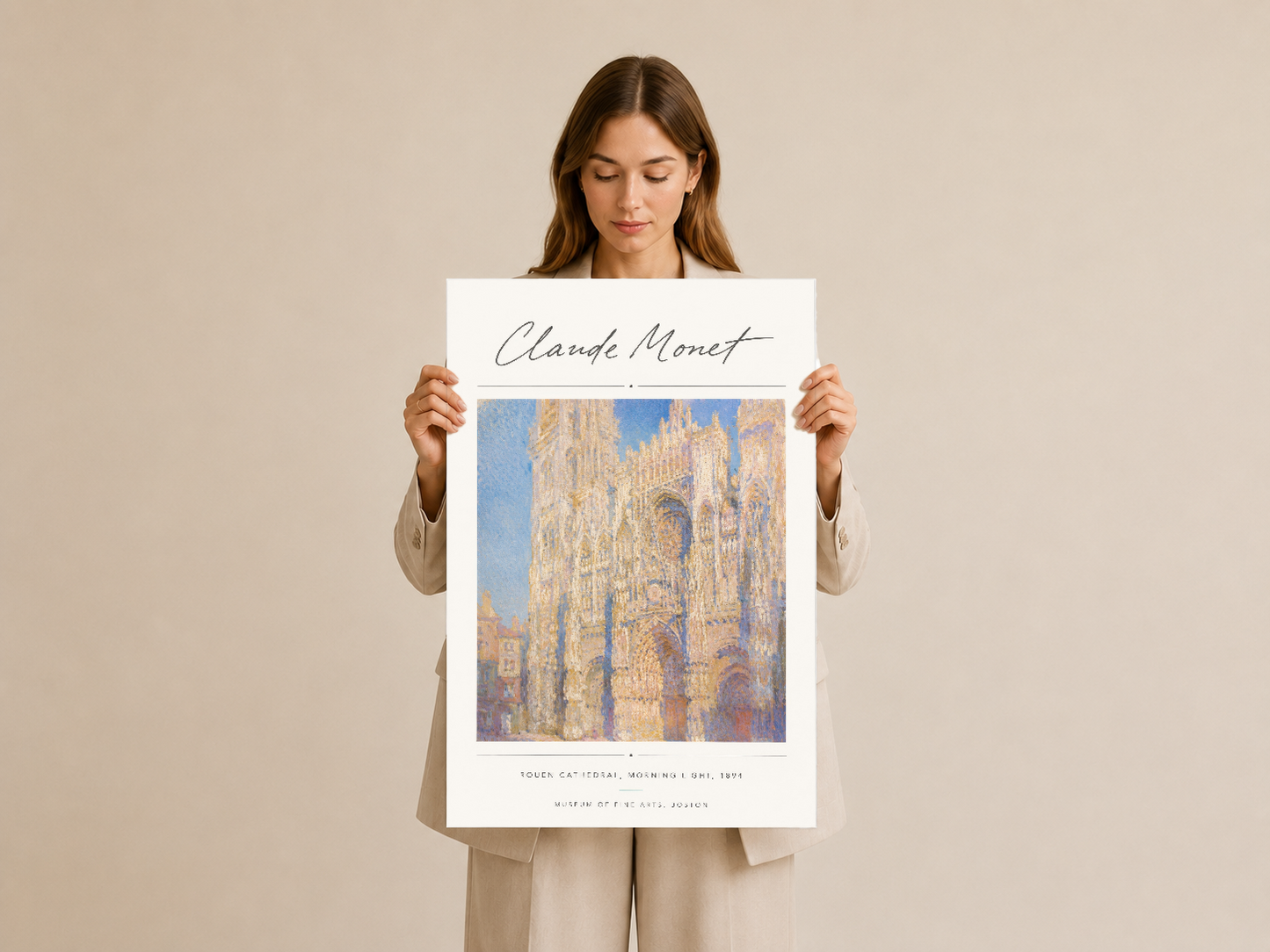 Monet'nin ikonik katedrali eseri, sanat yönetimli poster formatında, giyim koleksiyonuyla stilli sunumu.