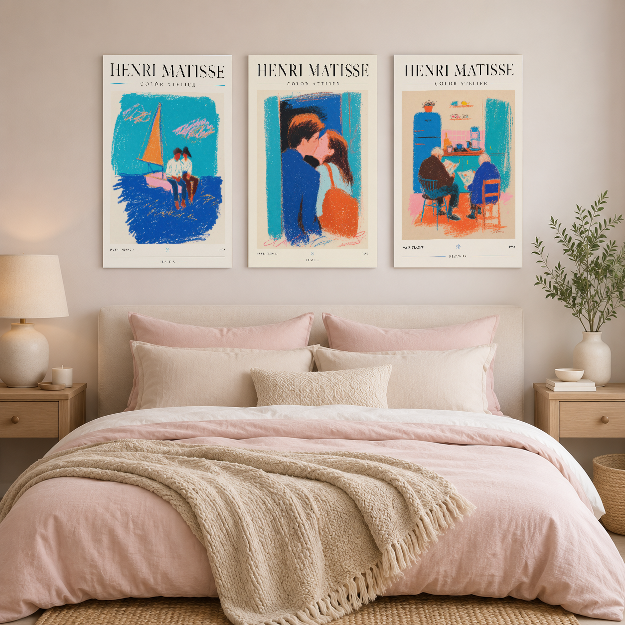 Henri Matisse Color Atelier triptik, yatak başında asılı canlı renkli sanat tablosu, geniş tasarım.