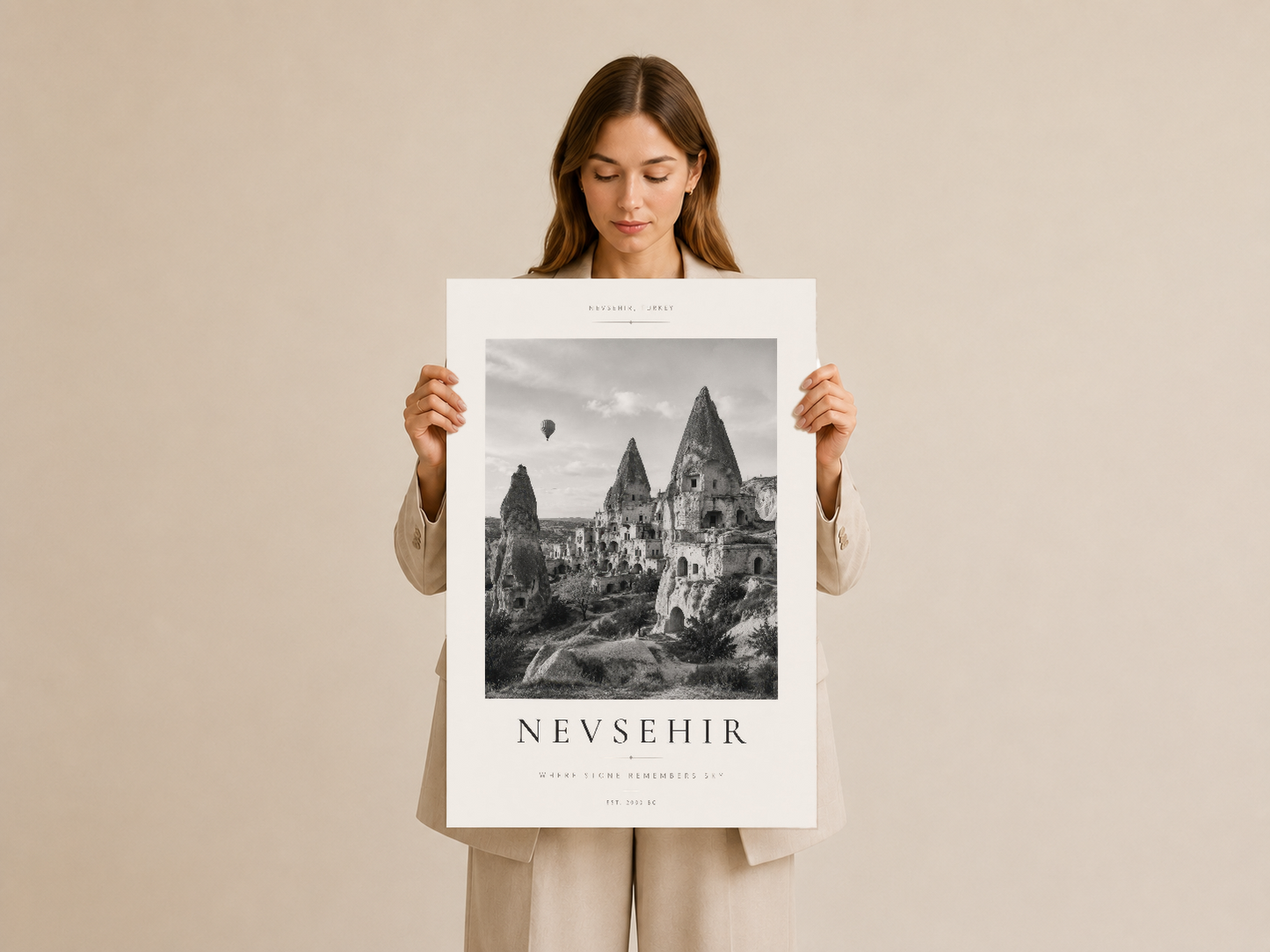 Nevşehir Türkiye tasarımı siyah beyaz poster, eli tarafından tutulmuş, nötr arka planda sergileniyor.