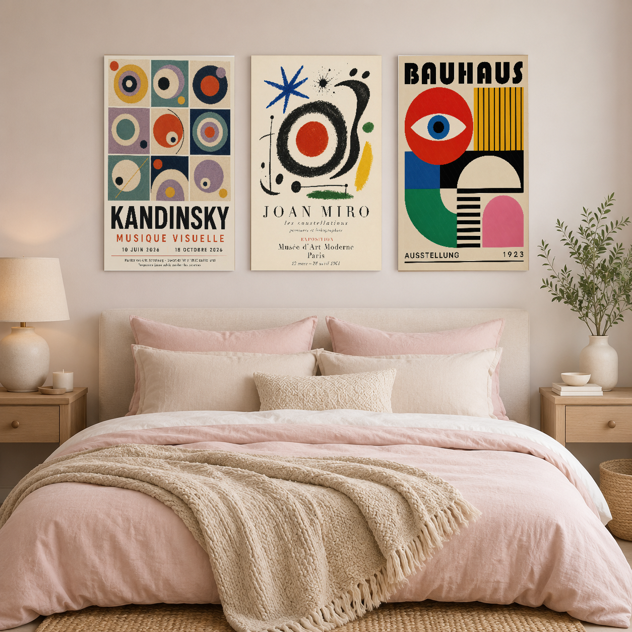Üç parçalı sanat poster seti, yatak başında sergilenerek modern yatak odasını canlandırıyor.