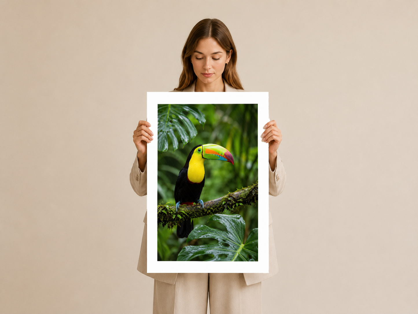 Tucan duvar tablosu beyaz çerçevede, kadın tarafından sunulan doğa temalı poster.