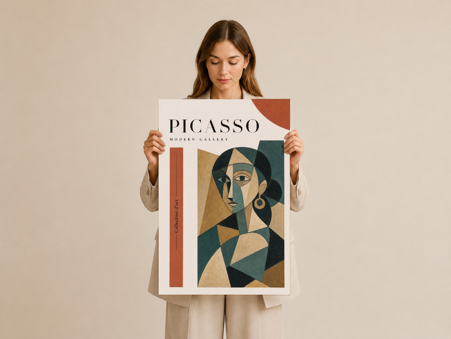 Picasso Modern Gallery posteri, elinde tutan kadın modeli ile gösterilen soyut portre tasarımı.