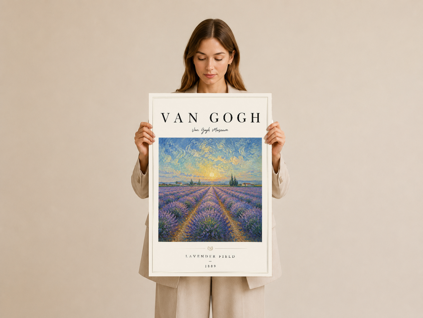 Van Gogh Lavanta Tarlası posteri, beyaz çerçevede, gökyüzü ve tarla perspektifinin uyumlu bileşimini sunan dekoratif tablo.
