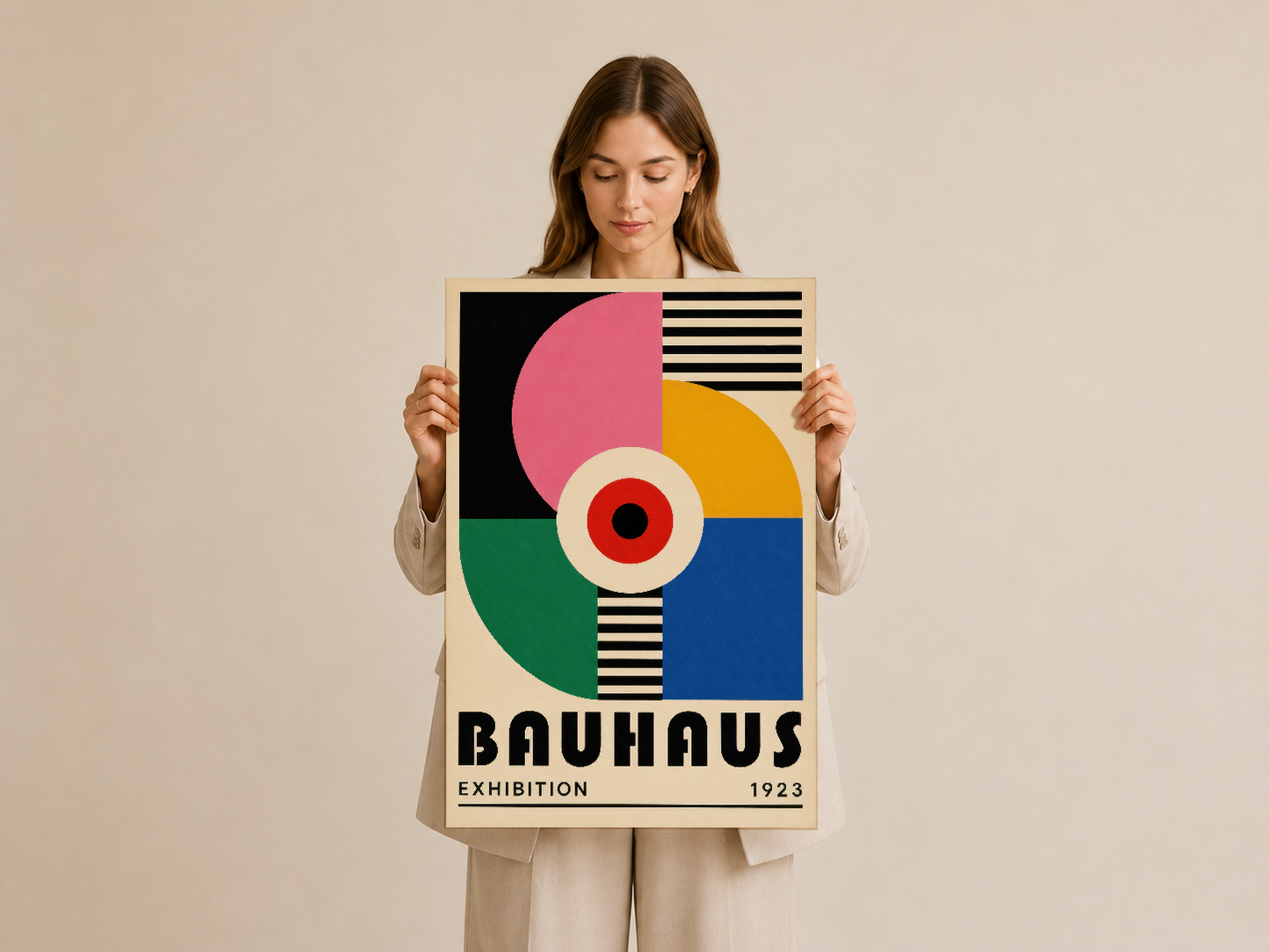 Bauhaus 1923 sergi tasarımı, geometrik şekiller ve canlı paletli orijinal sanat eseri tablosu.