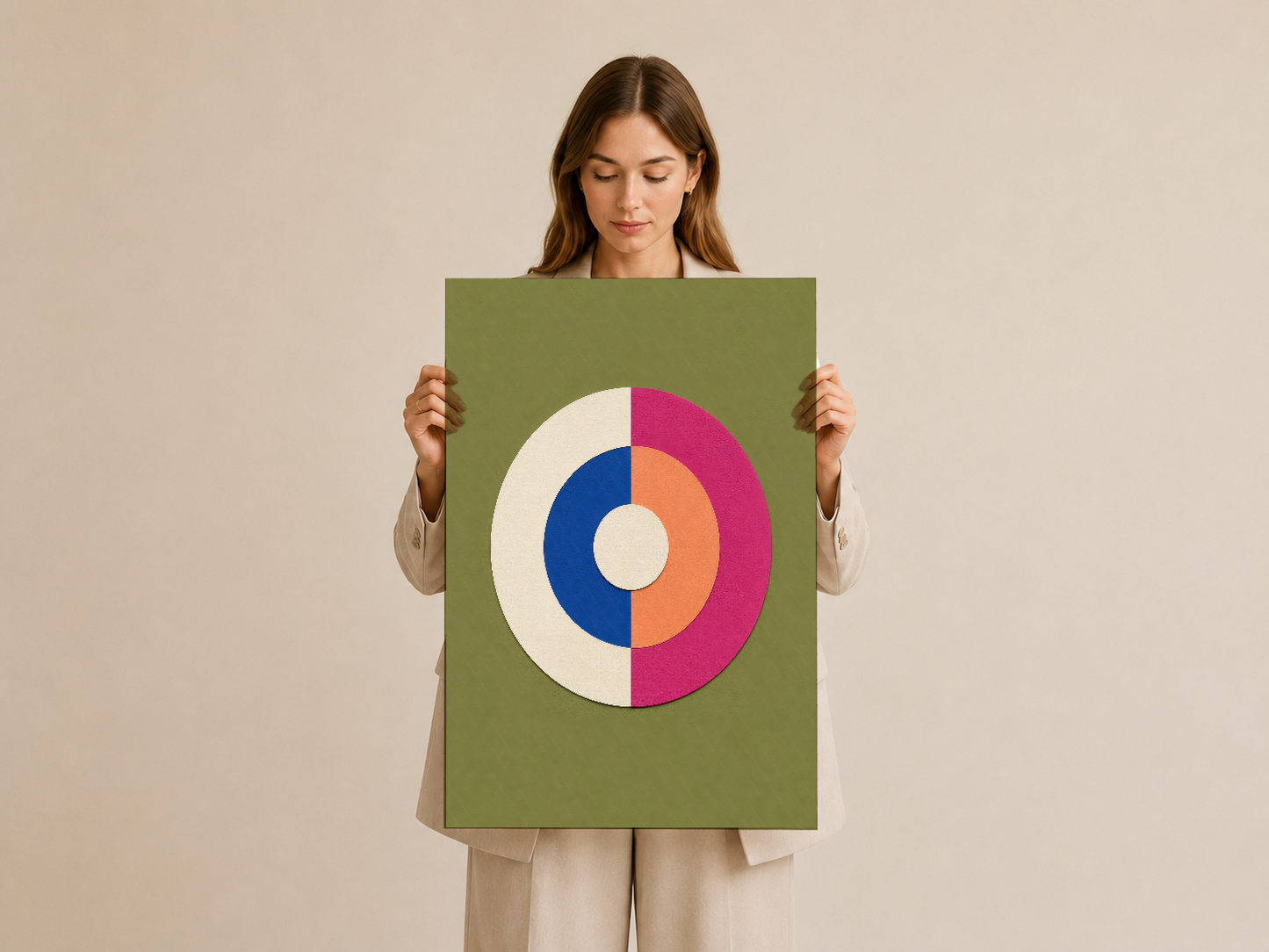 Canlı geometrik poster, çok renkli daire motifiyle minimalist modern iç dekorasyon için.