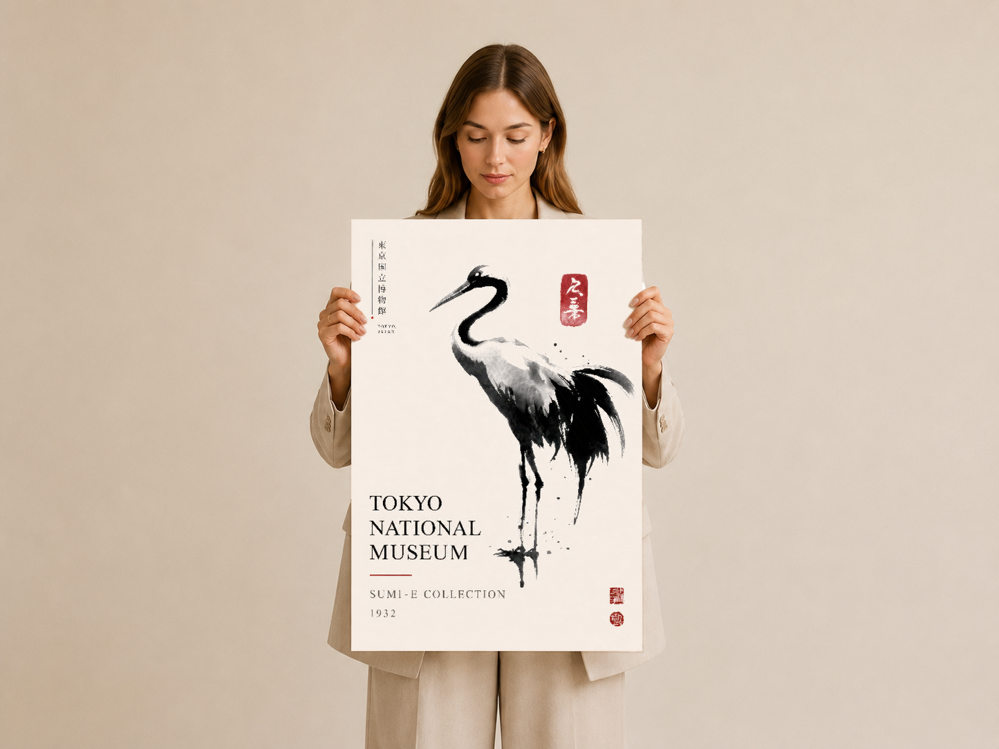Siyah ve beyaz turna motifli minimalist müze koleksiyonu sanat tablosu, zarif sergi posteri.