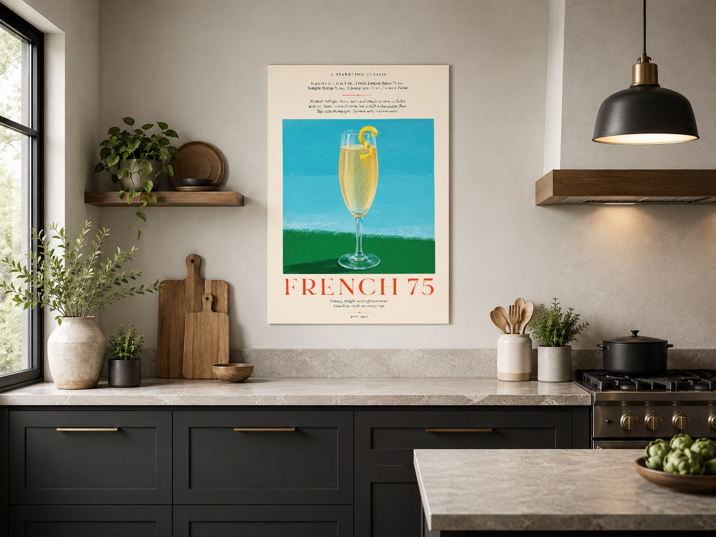 Modern siyah mutfakta, mermer tezgahın üzerine yerleştirilen vintage stil poster tablosu.