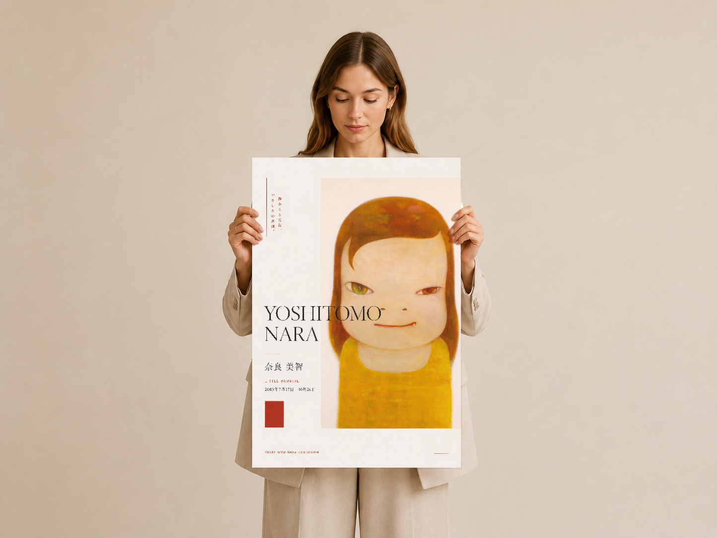 Yoshitomo Nara tablosu, elinde tutulan poster, sanatsal portre baskı detayları görülüyor.