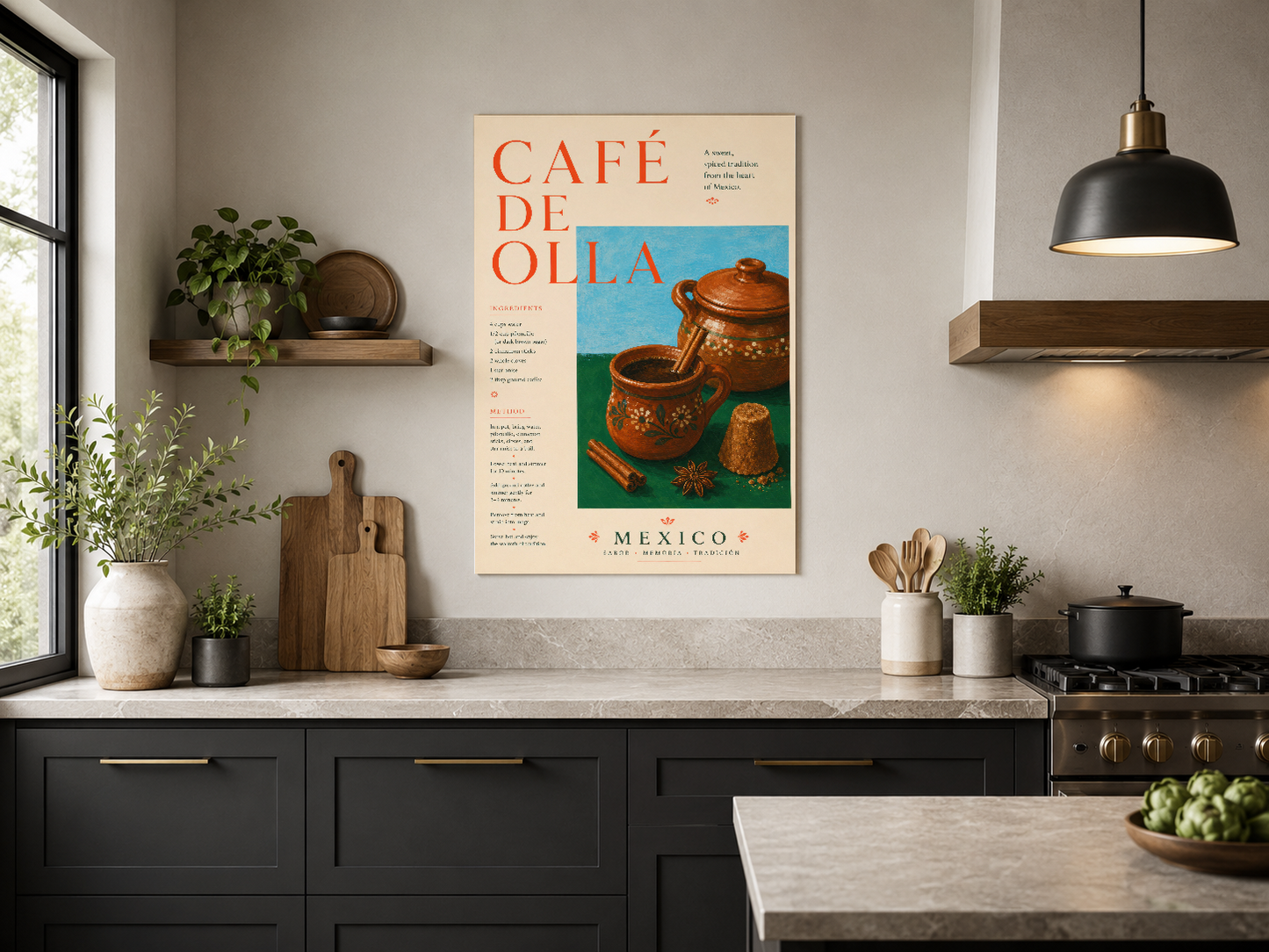 Retro poster, siyah mutfak donanımıyla kontrastlı, koyu dekorasyonda ışıklı bir vurgu noktası oluşturuyor.