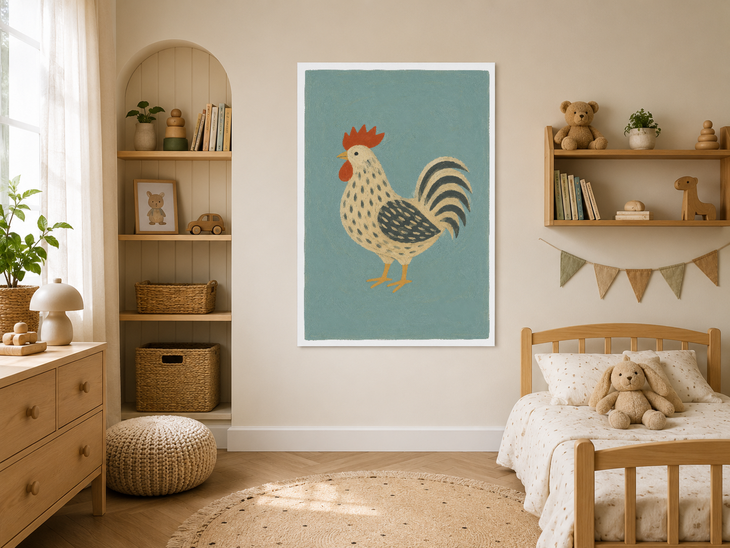 Warm sanat stilinde horoz illüstrasyonu, ahşap odalı çocuk odasında nostalji ve eğlenceyi sağlayan poster.