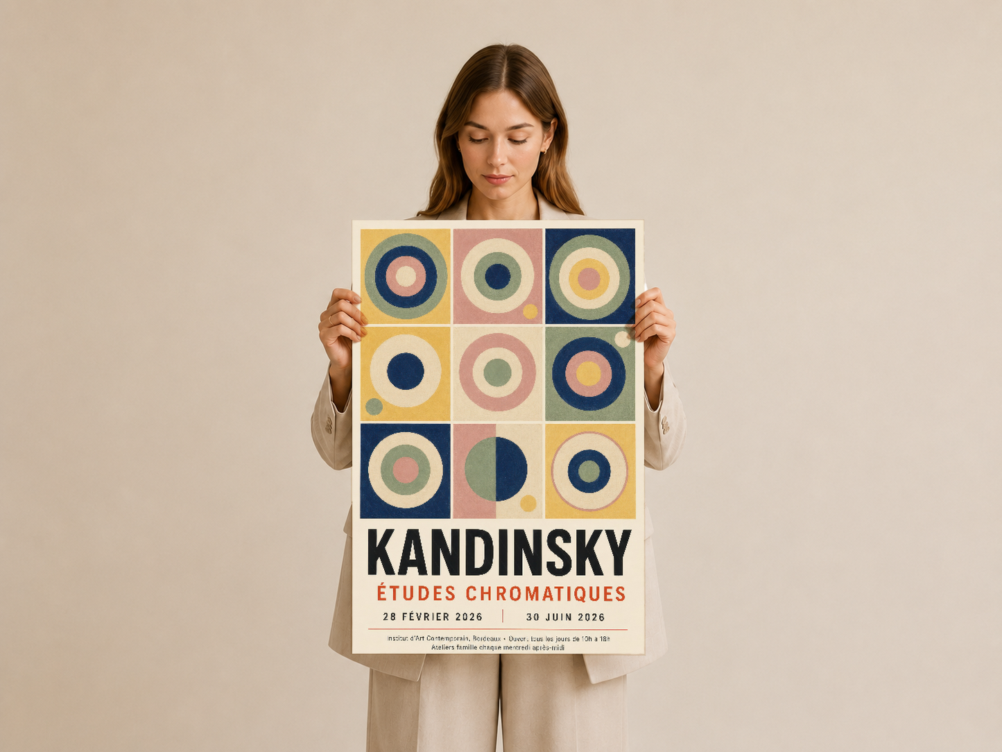 Kandinsky Etudes Chromatiques baskısı, krem giyimli kadın tarafından cepheden tutularak gösteriliyor.