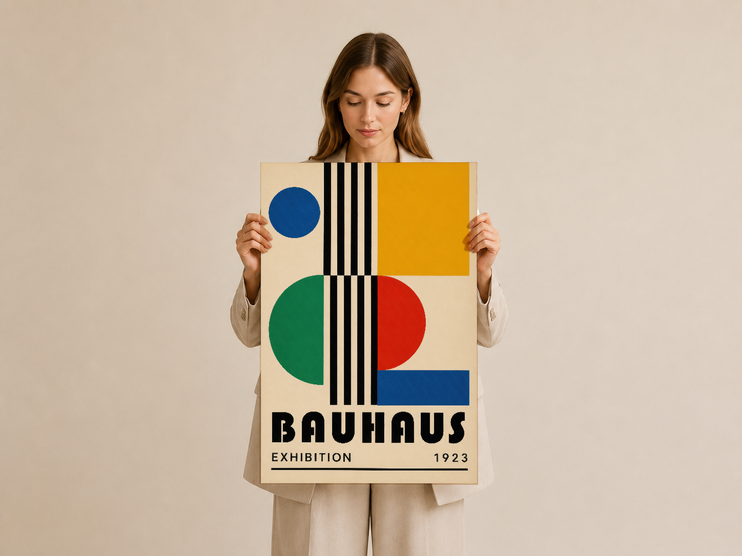Bauhaus 1923 sergisi posterinin ikonik renk ve şekil kombinasyonu, portatif sanat baskısı.