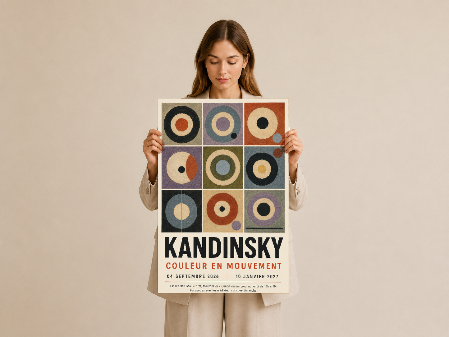 Kandinsky estetikli, çok renkli geometrik desen tablosu, modern ve minimalist iç mekanlara uygun.
