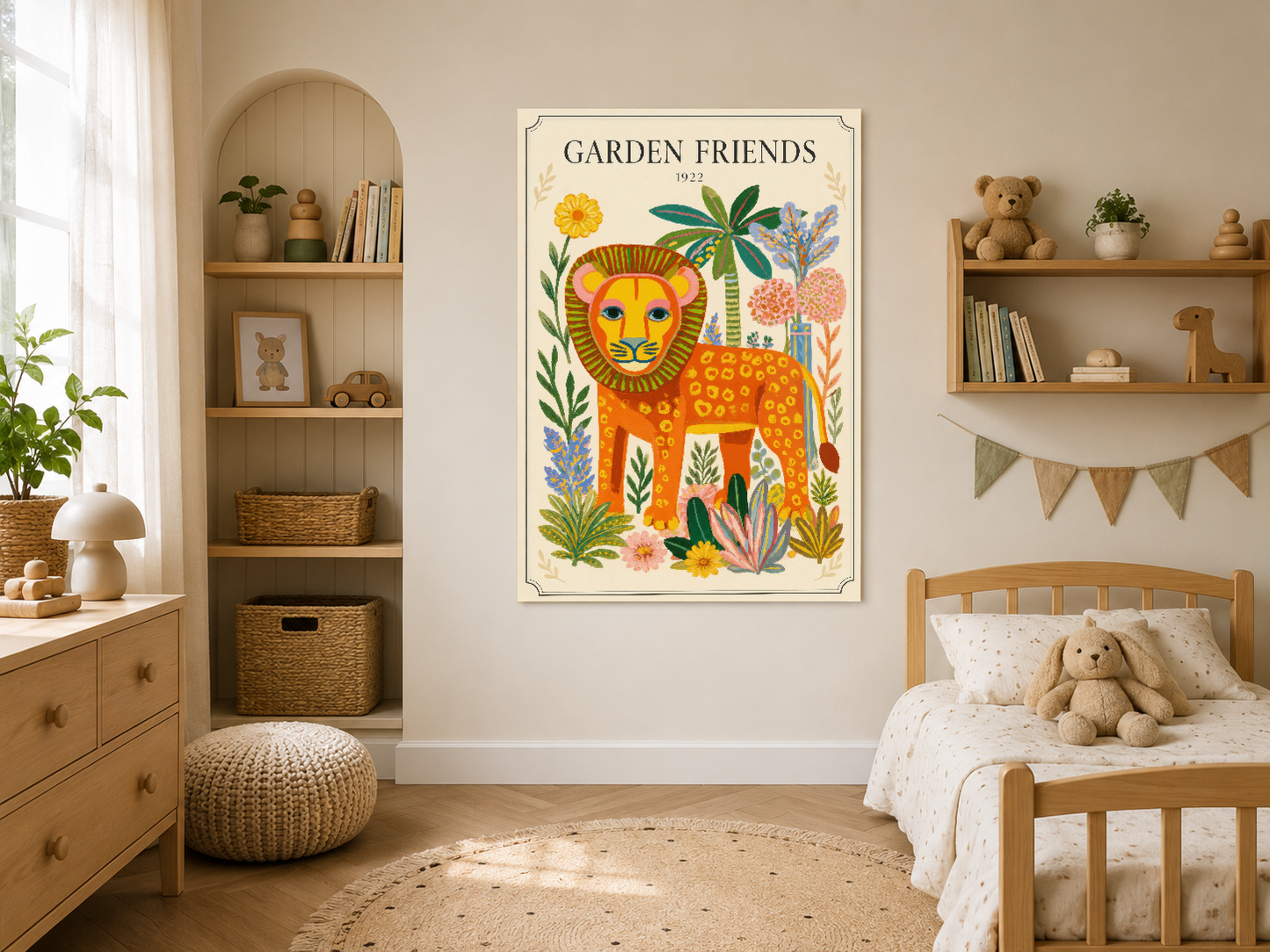 Sıcak tonlu Garden Friends aslanı posteri, ahşap çerçeve içinde, doğal ahşap çocuk yatak odasında.