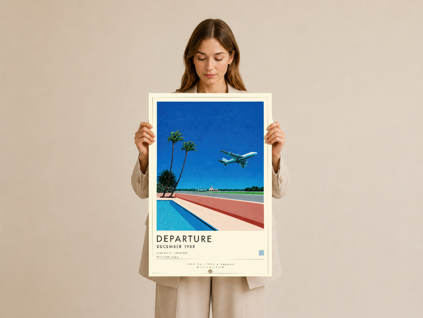 Kişi tarafından tutulan, 1988 tarihli Departure temalı vintage stilinde duvar sanat tablosu.