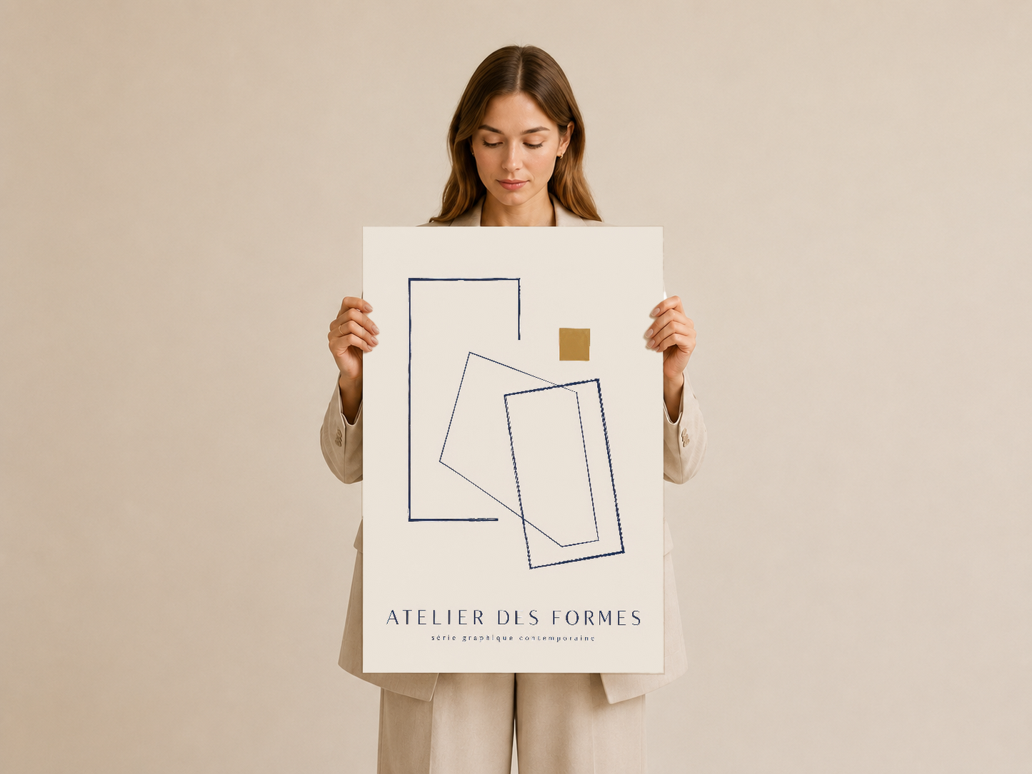 Çizgisel şekilleri ve minimalist tasarımı olan poster, elle tutularak sergilenen güncel sanat eseri.