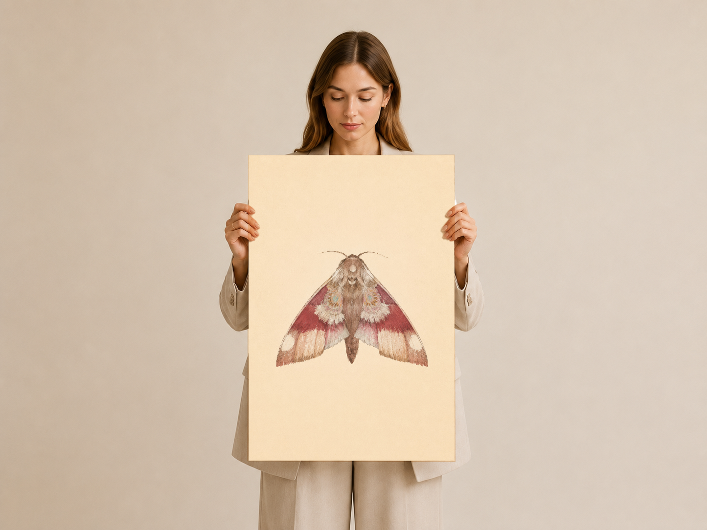 Elinde tutulan krem renkli poster, kırmızı ve pembe kanatlı moth sanat çalışması.