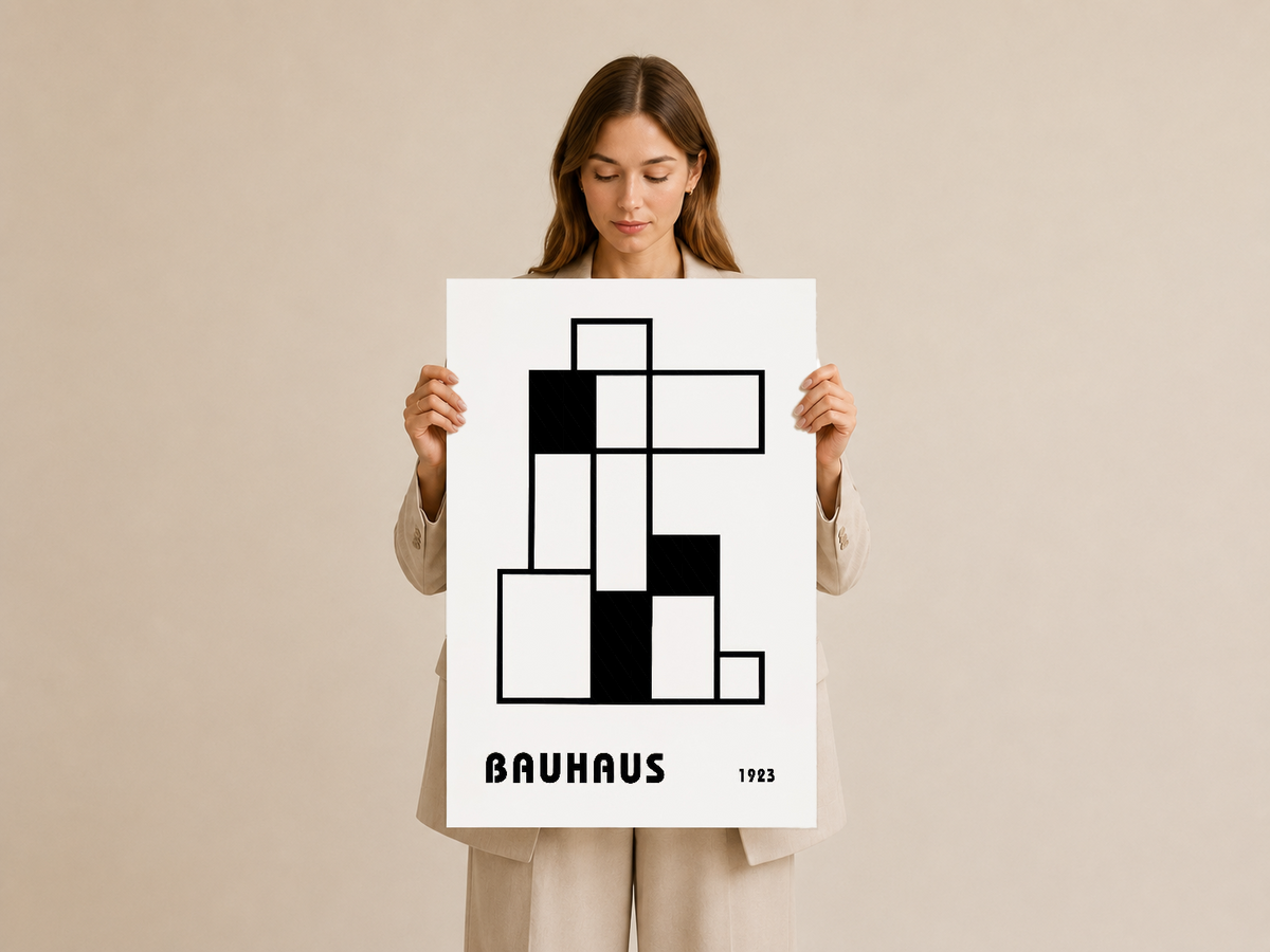 Bauhaus geometrik duvar tablosu, siyah-beyaz modernist tasarım, sanatsal baskı poster.