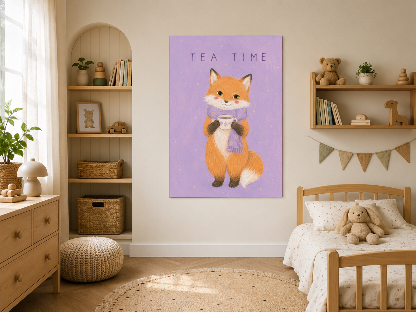 Ahşap raflarla dekore edilmiş odada mor çerçeveli tea time tablosu, doğal stil çocuk odası.