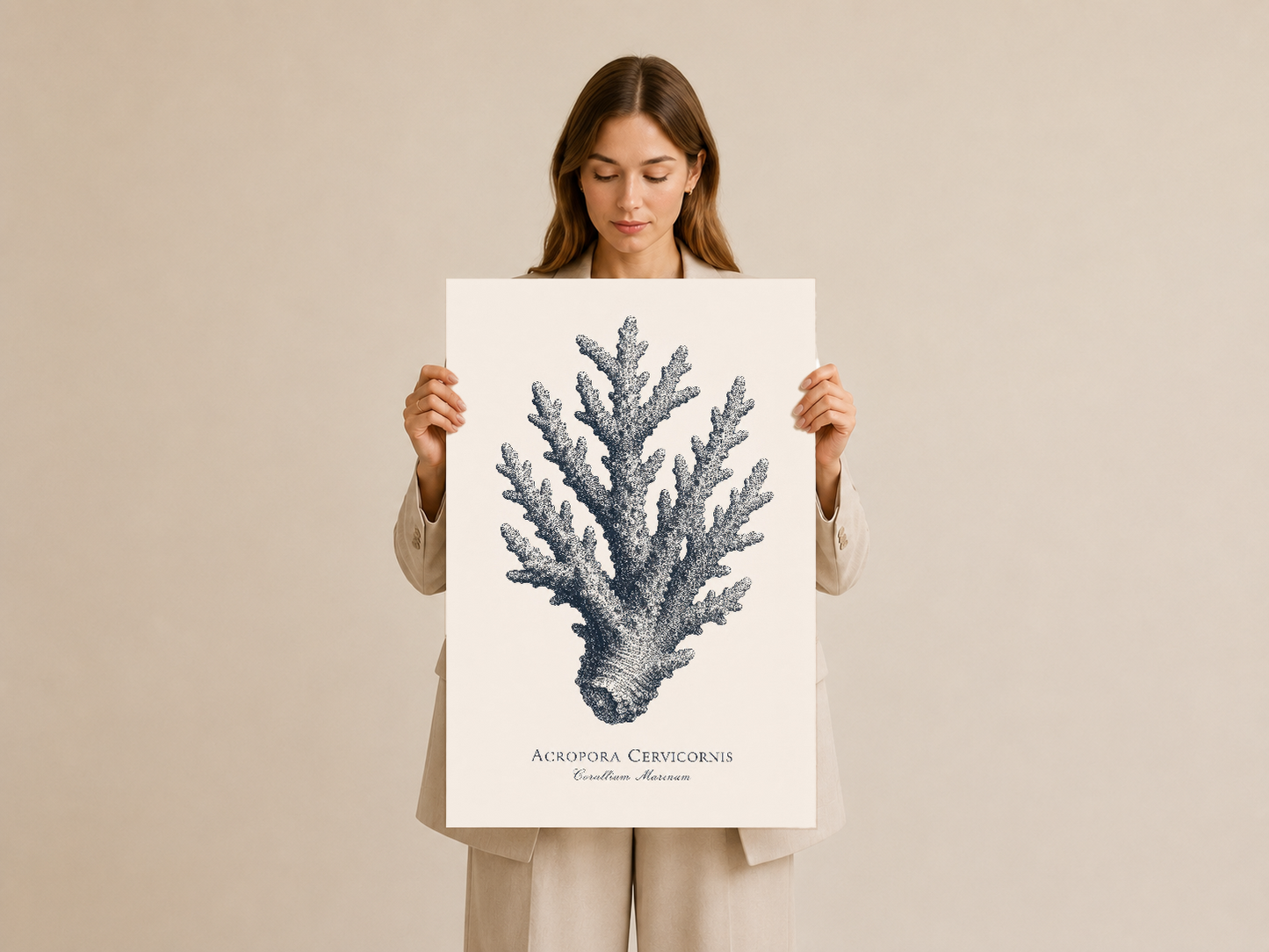 Acropora Cervicornis deniz yaşamı posteri, el sanatı botanik illüstrasyonu.