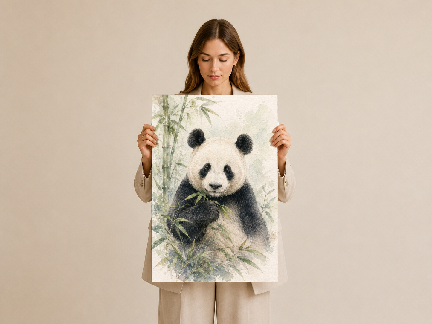 Elinde tutulmak istenecek kadar samimi, suluboya tarzında yapılan panda beslenme anı tablosu.