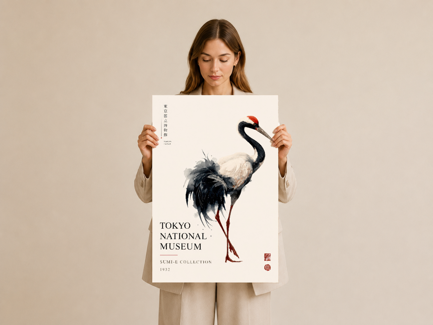 Japon sanat geleneğini yansıtan turna motifli minimalist tablo tasarımı.