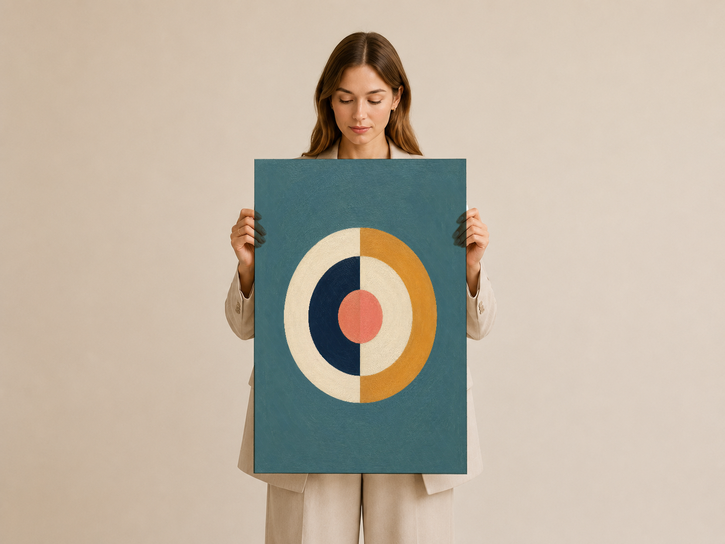 Çok katmanlı daire deseni ile minimalist modern sanat tablosu, ellerde tutularak gösteriliyor.