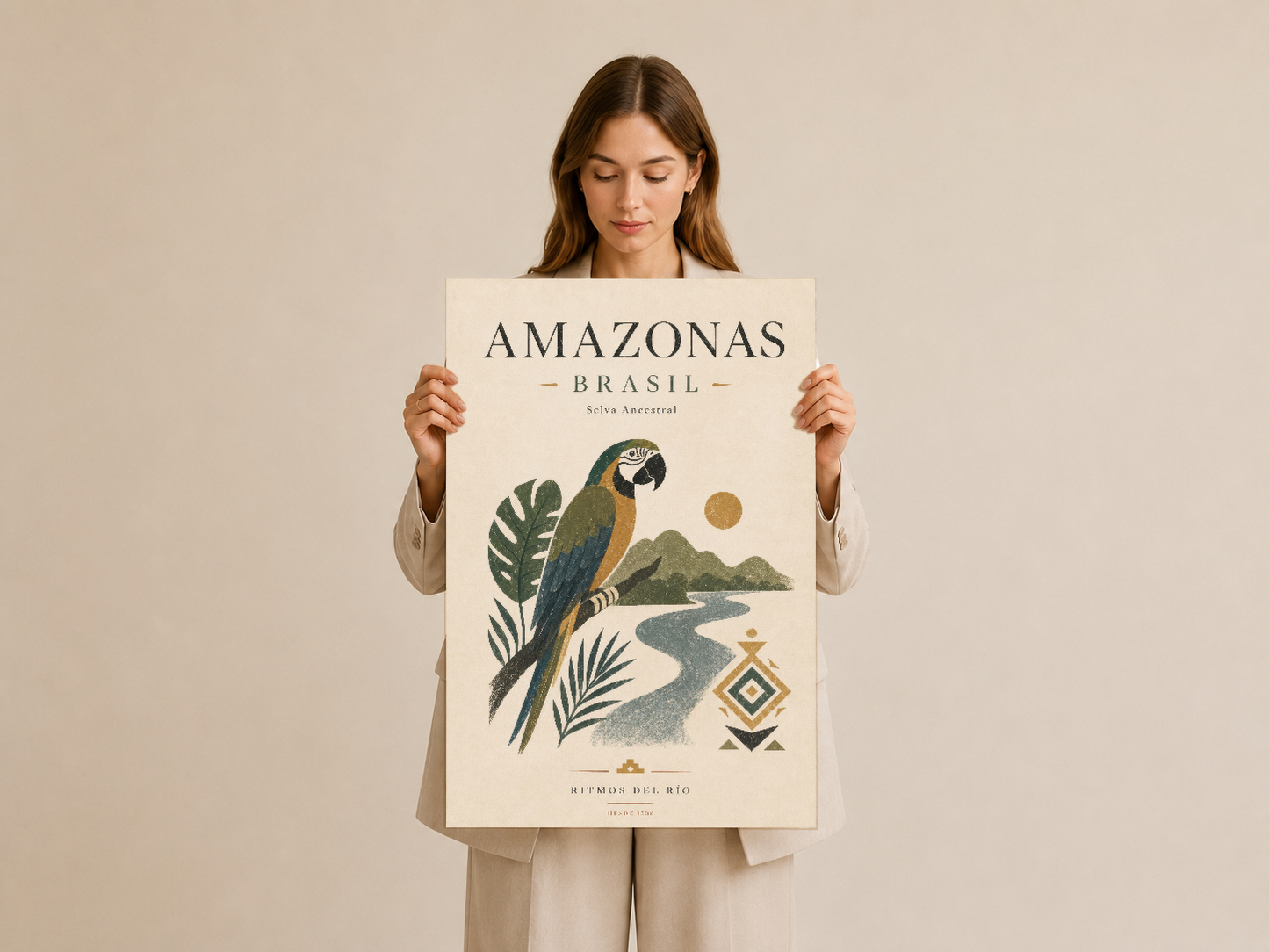 Amazonas Brasil duvar tablosu, tropikal papağan ve doğa öğeleriyle bohem tarzı sanat eseri.