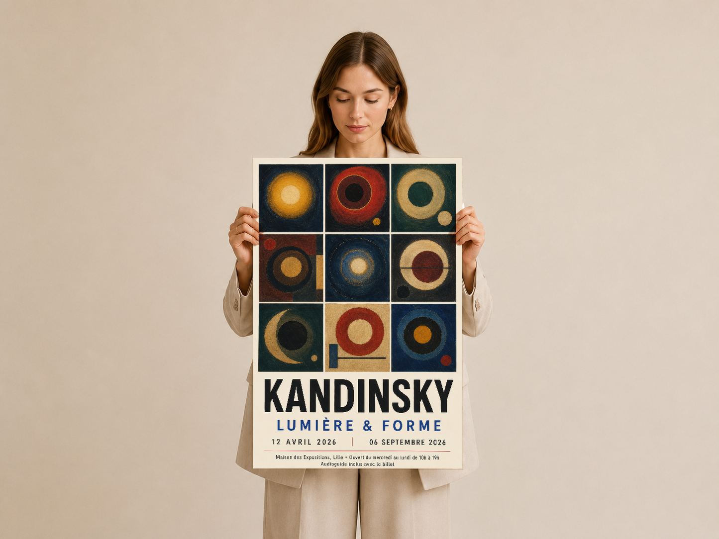 Kandinsky Lumière & Forme tablosu, elle tutulan sanat baskısı olarak soyut formlara hayat veriyor.