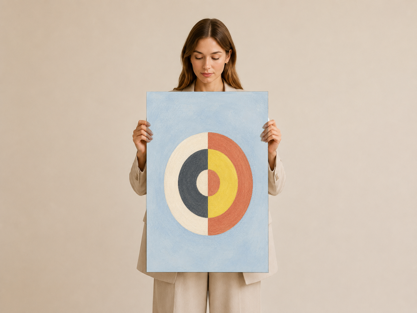 Geometrik poster, kadın tarafından tutularak gösteriliyor, canlı renk kombinasyonu.