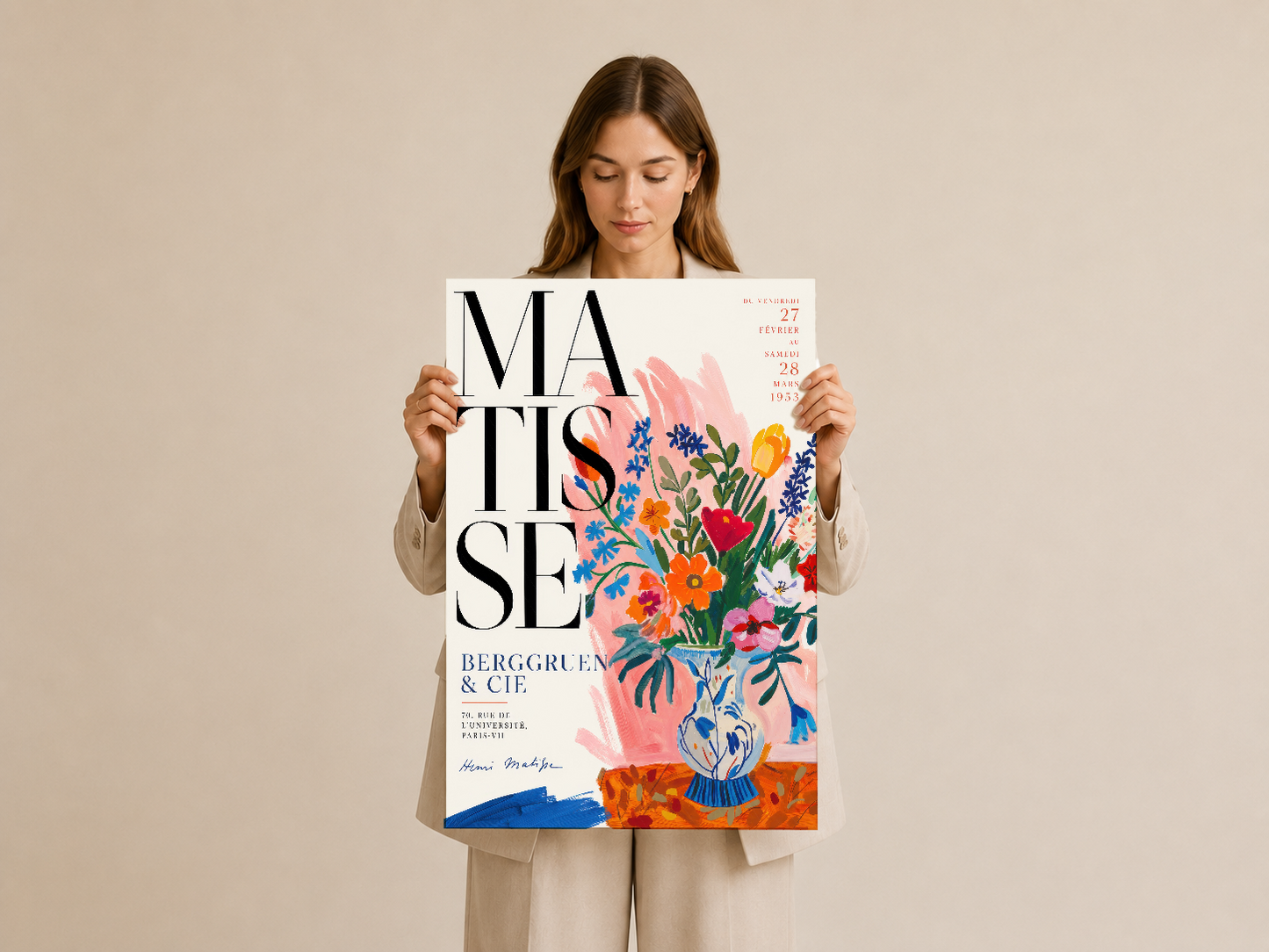 Pembe Mavi Turuncu Matisse Çiçek Vazosu Vintage Poster Duvar Tablosu