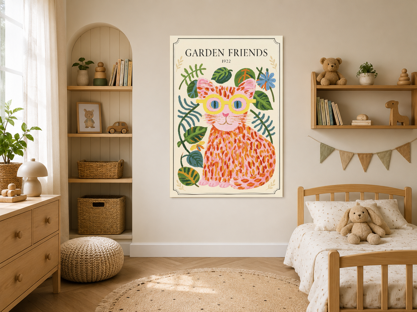 Bahçe dostları temalı poster, ahşap çerçevede naturel çocuk odasının merkezi dekorasyonu olarak kullanılıyor.