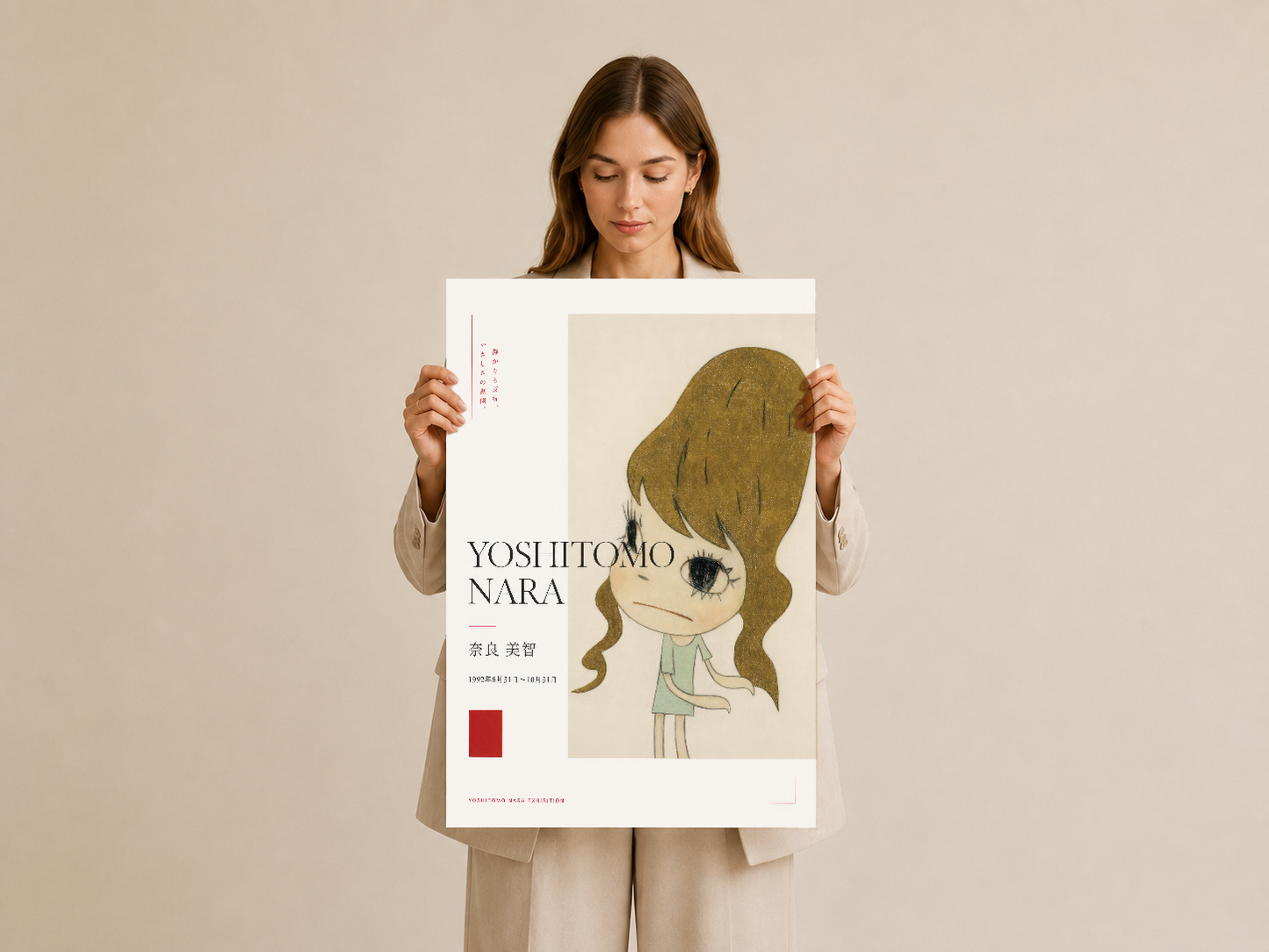 Yoshitomo Nara karakterinin yer aldığı sanat tablosu, modern tasarım eksiklikte el taşınan baskı poster.