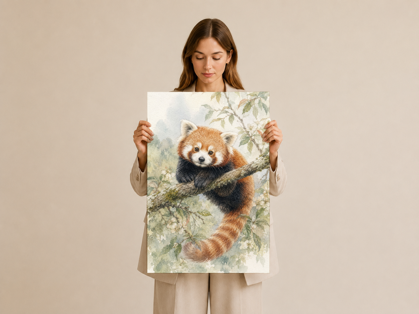 Kırmızı pandanın hassas su boya illustrasyonu, çiçekli dalda oturan eğlenceli ekspresyonuyla.