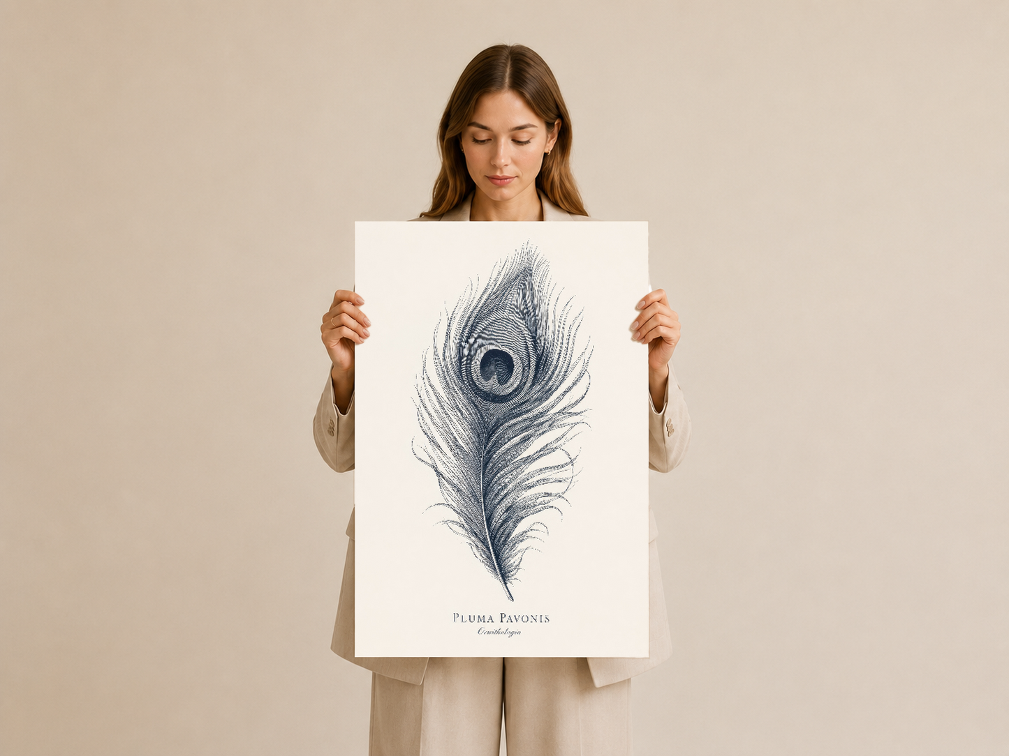 El yapımı tavus kuşu tüyü illüstrasyonu, beige çerçeveli premium kalite poster.