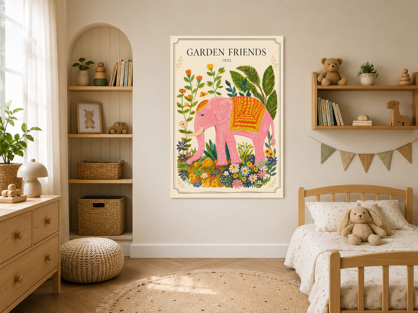Garden Friends temalı vintage fil tablosu, ahşap çerçevede, nötr tonlu çocuk odasında asılı.