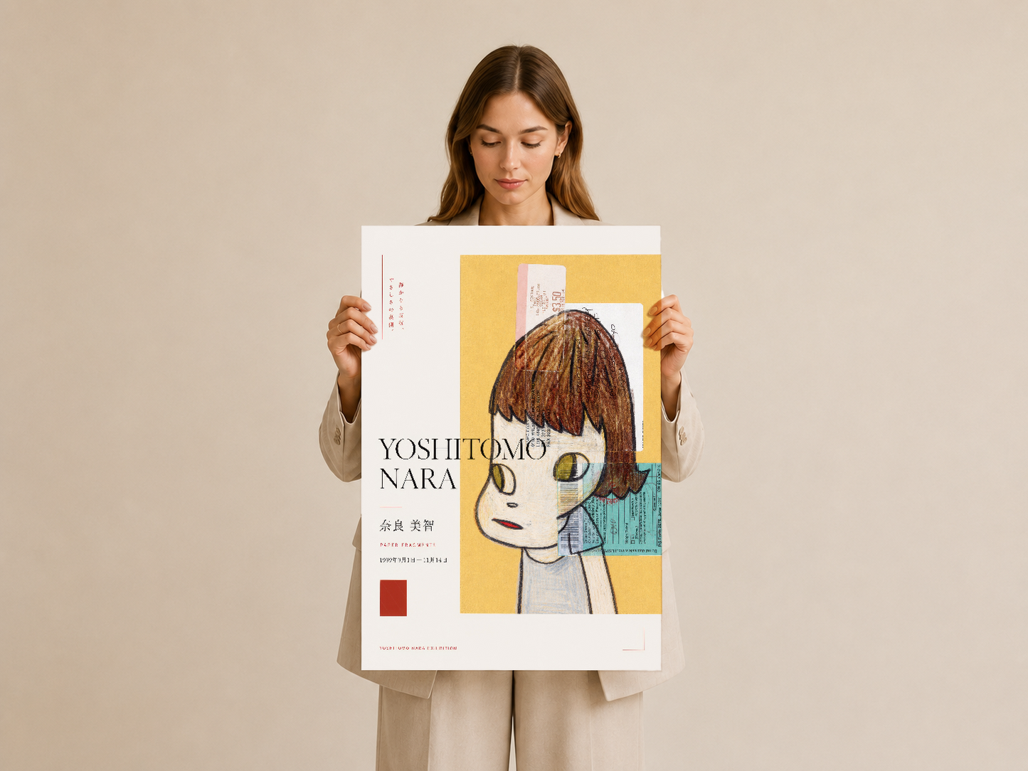 Yoshitomo Nara tasarımı duvar tablosu, sarı ve turkuaz bölümleriyle modernist portre sanatı.